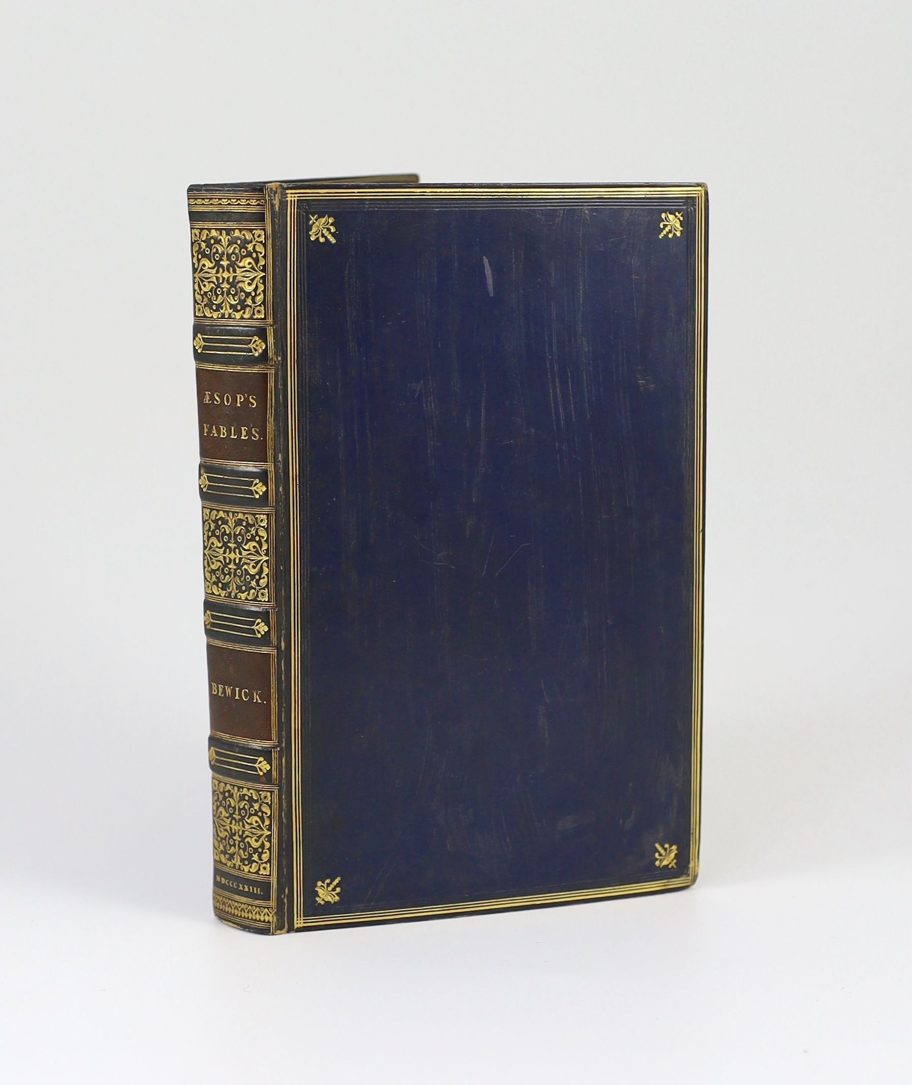 Bewick, Thomas - Fables of Aesop and Others, 2nd edition, with facsimile thumbprint, numbered 64, 8vo, blue calf gilt bordered, Newcastle, 1823